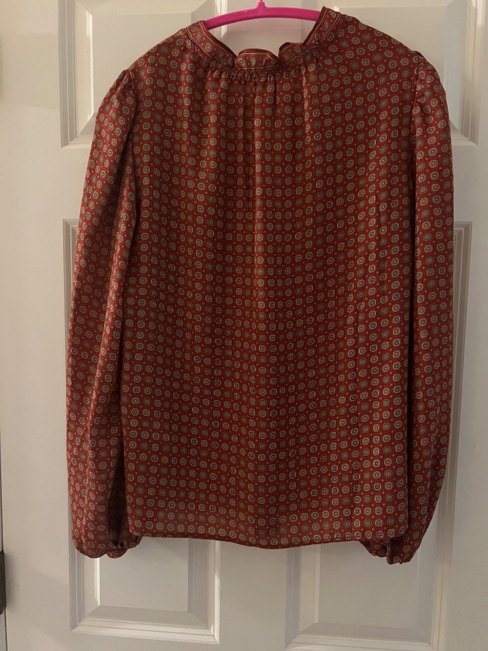 Max Studio Rust Red Geometric Print Ruffle Blouse Size S - Picture 7 of 7
